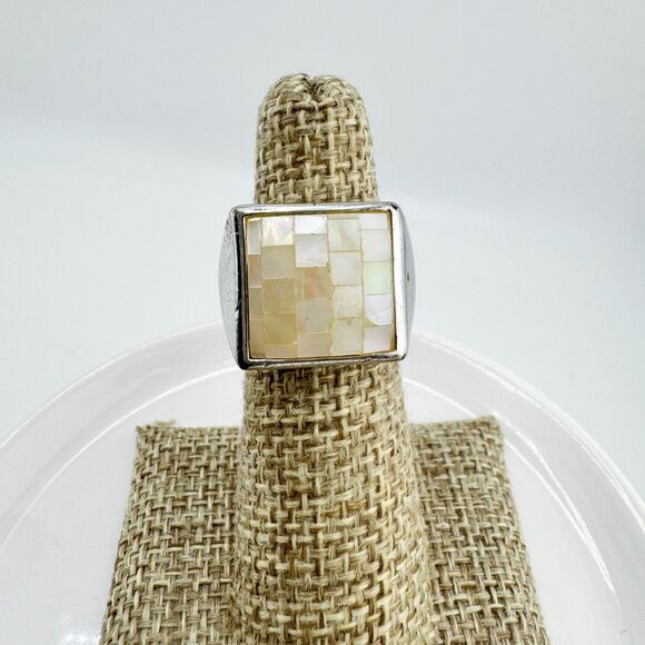 Lia Sophia Silver Tone Mother of Pearl Mosaic Ring Modern Square Statement - Picture 7 of 10